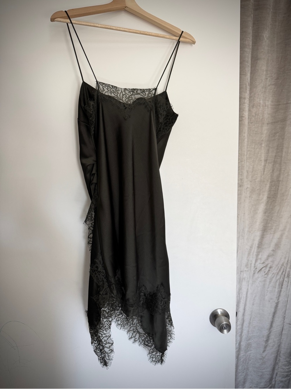 Zara- Silky Lace-Trim Slip Dress in Dark Olive - Picture 3 of 4